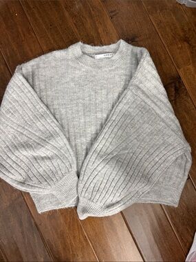 Sophie Rue Heather Gray Ribbed Balloon-Sleeve Crew Sweater